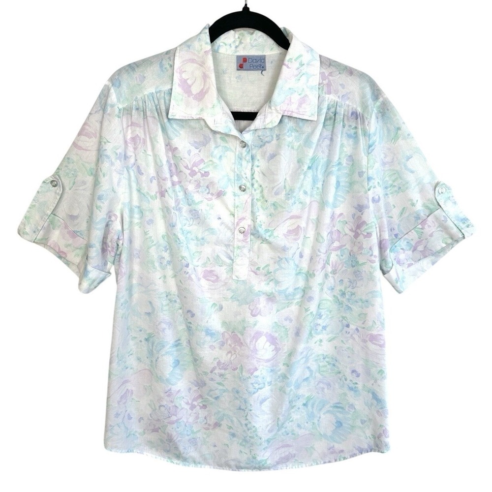80s Vintage David Peet Pastel Floral Blouse 90s Watercolor Textured Cotton Top L